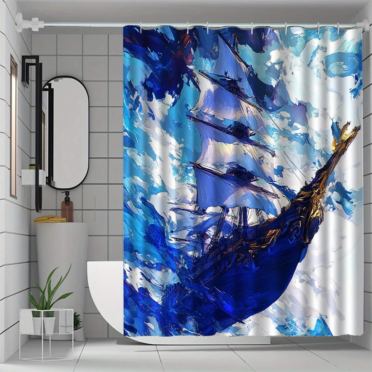Splendido tenda da doccia impermeabile resistente al muffa blu Ocean Ship - Design avventuroso dell'avventura nautica per un'arredamento del bagno audace