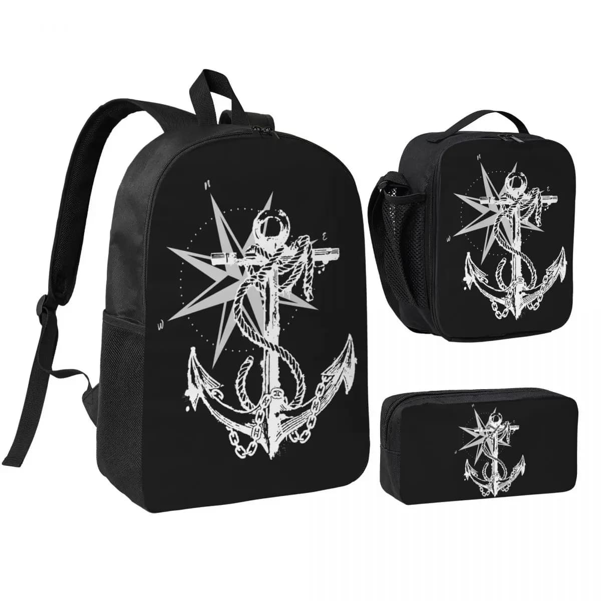 Zaino con Bussola Nautica e Ancora da Capitano, Borsa per Studenti, Borsa a Tracolla, Set 3 Pezzi con Borsa Termica per il Pranzo e Astuccio
