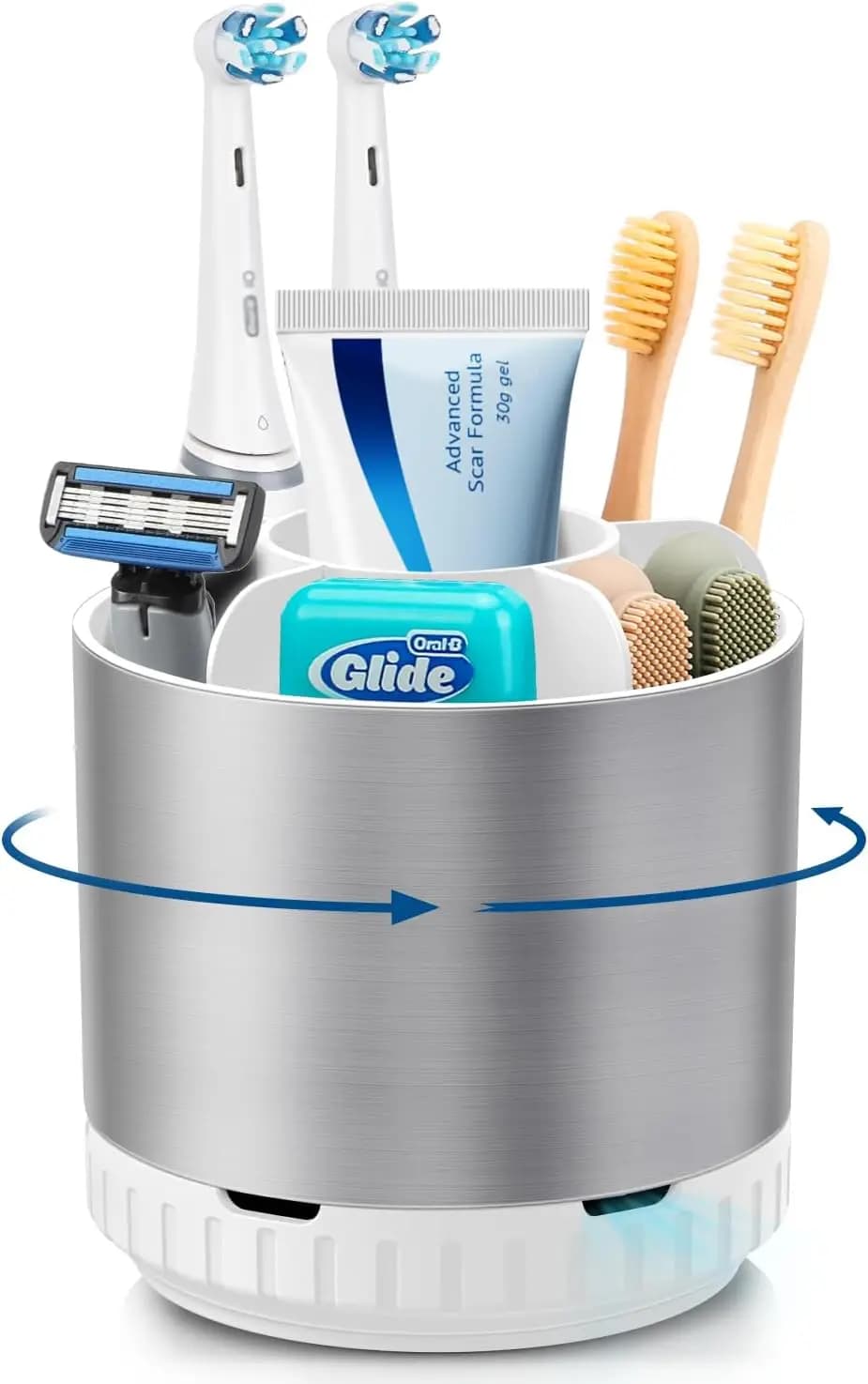 Portaspazzolino in Argento per Bagno, Organizzatore da Appoggio Girevole a 360° per Spazzolino Elettrico e Dentifricio