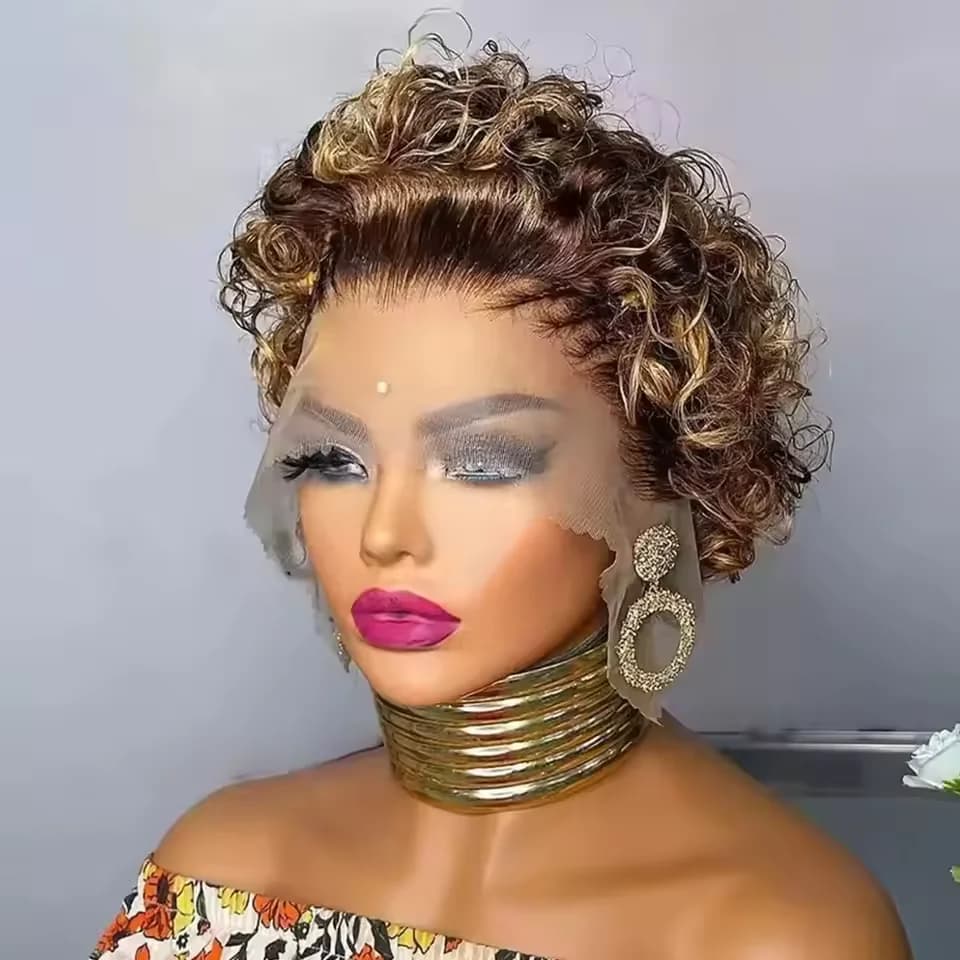 Hightlght 4/27 Pixie Cut Wig Ombre Honey Blonde Deep Curly Wigs 13x1 HD Transparent Lace Frontal Human Hair Wig Brazilia Bob Wig