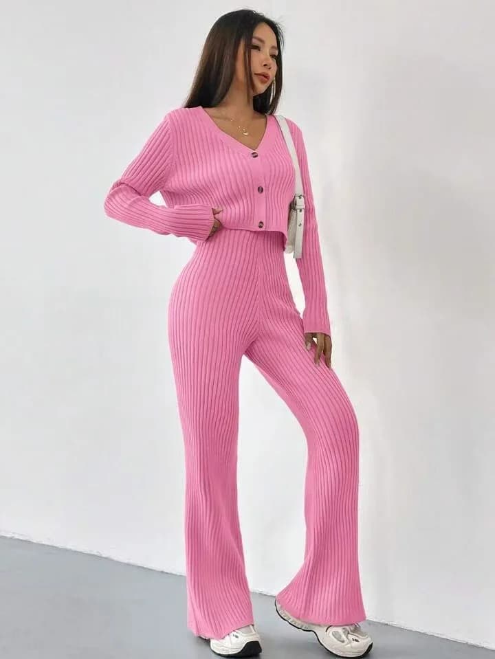 Fashion Solid Knit 2 Piece Set Women V-neck Long Sleeve Single-breasted Top High-waist Long Pants 2026 New Lady Casual Outfit