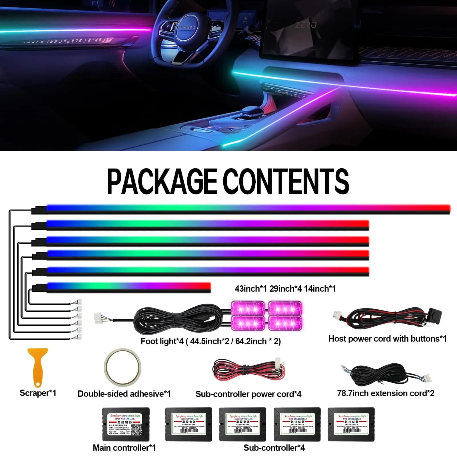 RGB 64 colori LED striscia acrilica Symphony Streamer luci ambientali per auto decorazione interna lampada atmosfera APP remota
