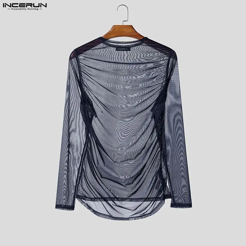 INCERUN T-shirt da uomo in rete trasparente sexy con scollo a O a maniche lunghe, top da uomo streetwear, camisetas plissettate 2026, abbigliamento da festa da uomo