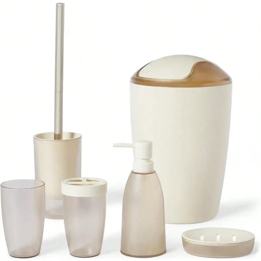 Set Coordinato da Bagno Basics 6 Pezzi con Porta Sapone, Dispenser Sapone, Porta Sapone, Tazza, Cestino e Porta Spazzolino Avorio
