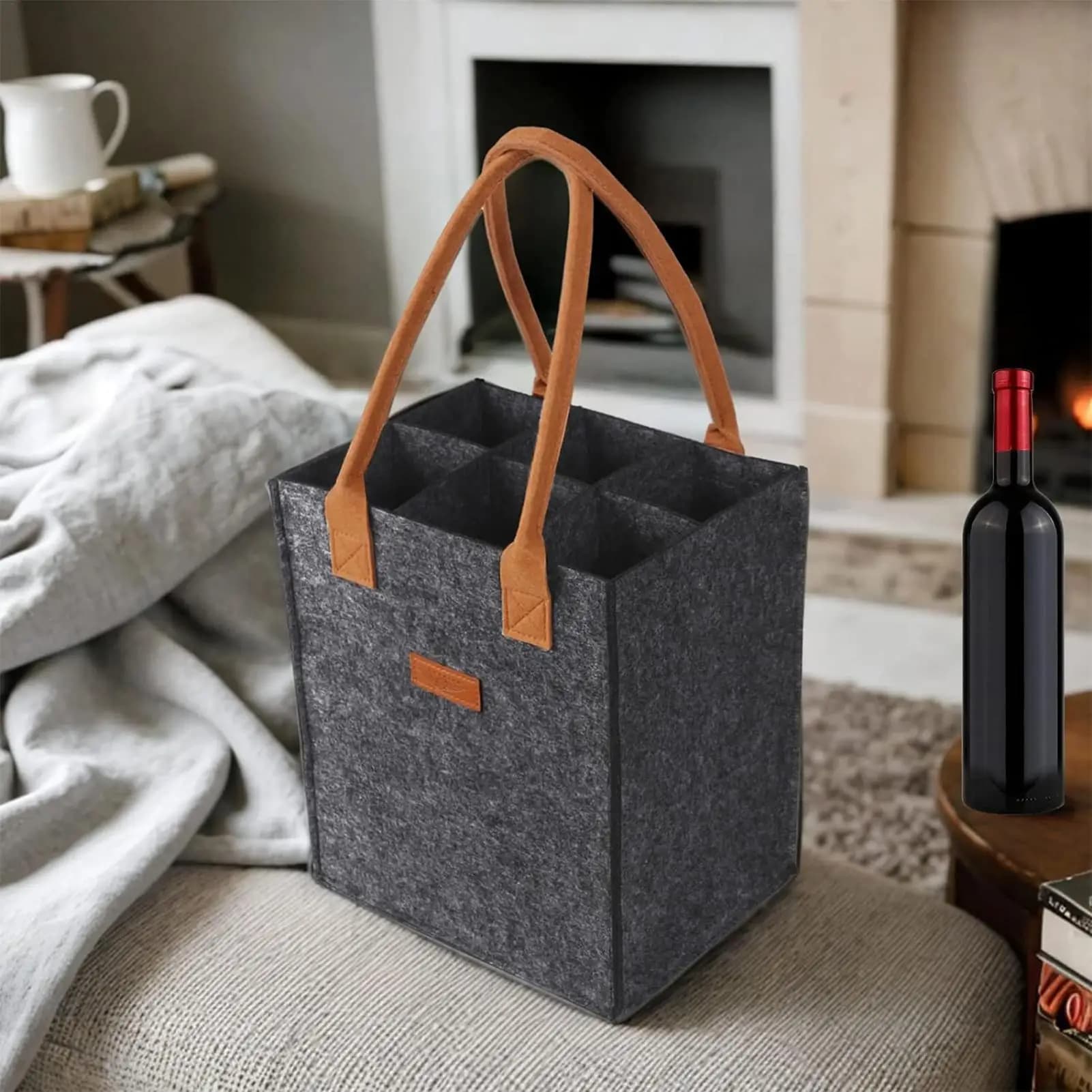 Borsa Portabottiglie per 6 Vini con Divisorio, Borsa in Feltro per Conservazione Vino, Borsa Regalo Portatile per Vino, Scatola per Conservazione Vino Rosso con Manico
