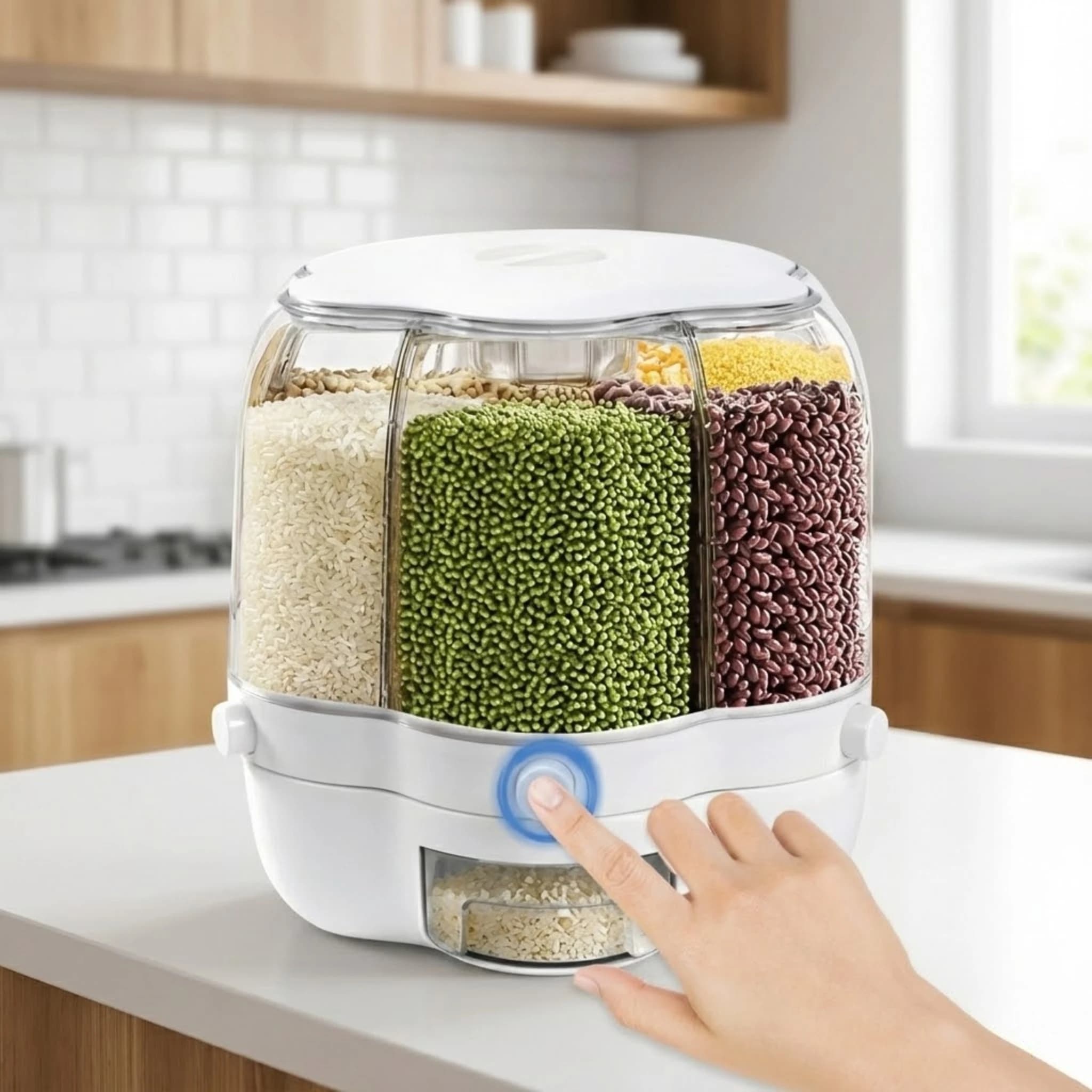 Dispenser Rotante per Riso a 6 Scomparti, Contenitore per Alimenti Secchi da Cucina, Organizzatore Sigillato per Cereali e Legumi da 8kg