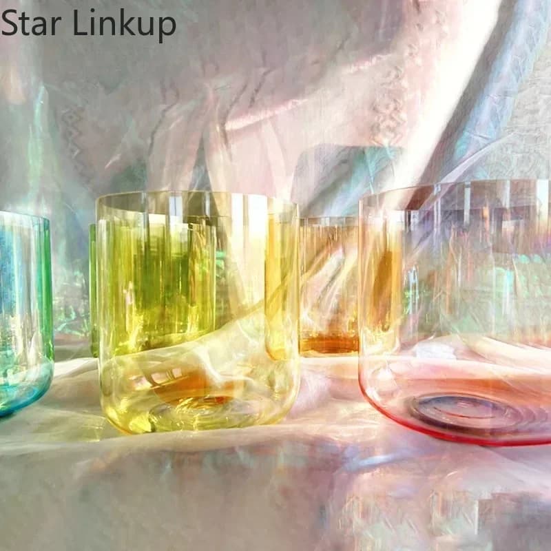 Star Linkup 7Pcs Set, Top Clear Cosmic Crystal Singing Bowl, Light Rainbow, High-end Sound Therapy, 5-8.75inch with Mallet,O-Ring,Bag Set
