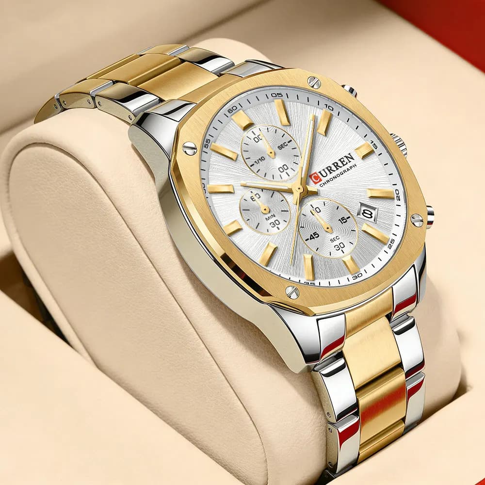 CURREN 42 mm modern man sports watch - Chronograph and date with stainless steel strap, light hands in the dark, casual quartz wristwatch