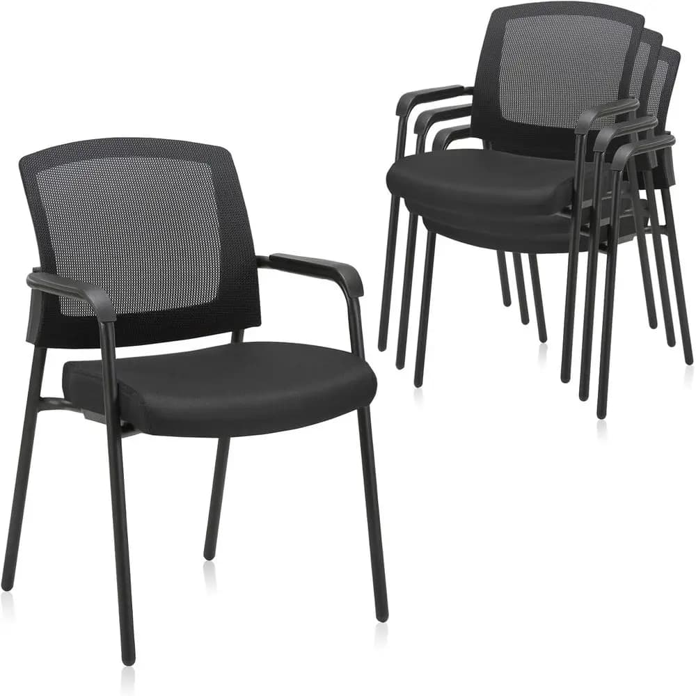 Sedia impilabile con schienale in rete, supporto ergonomico e seduta imbottita, confezione da 4 per sale conferenze, nera