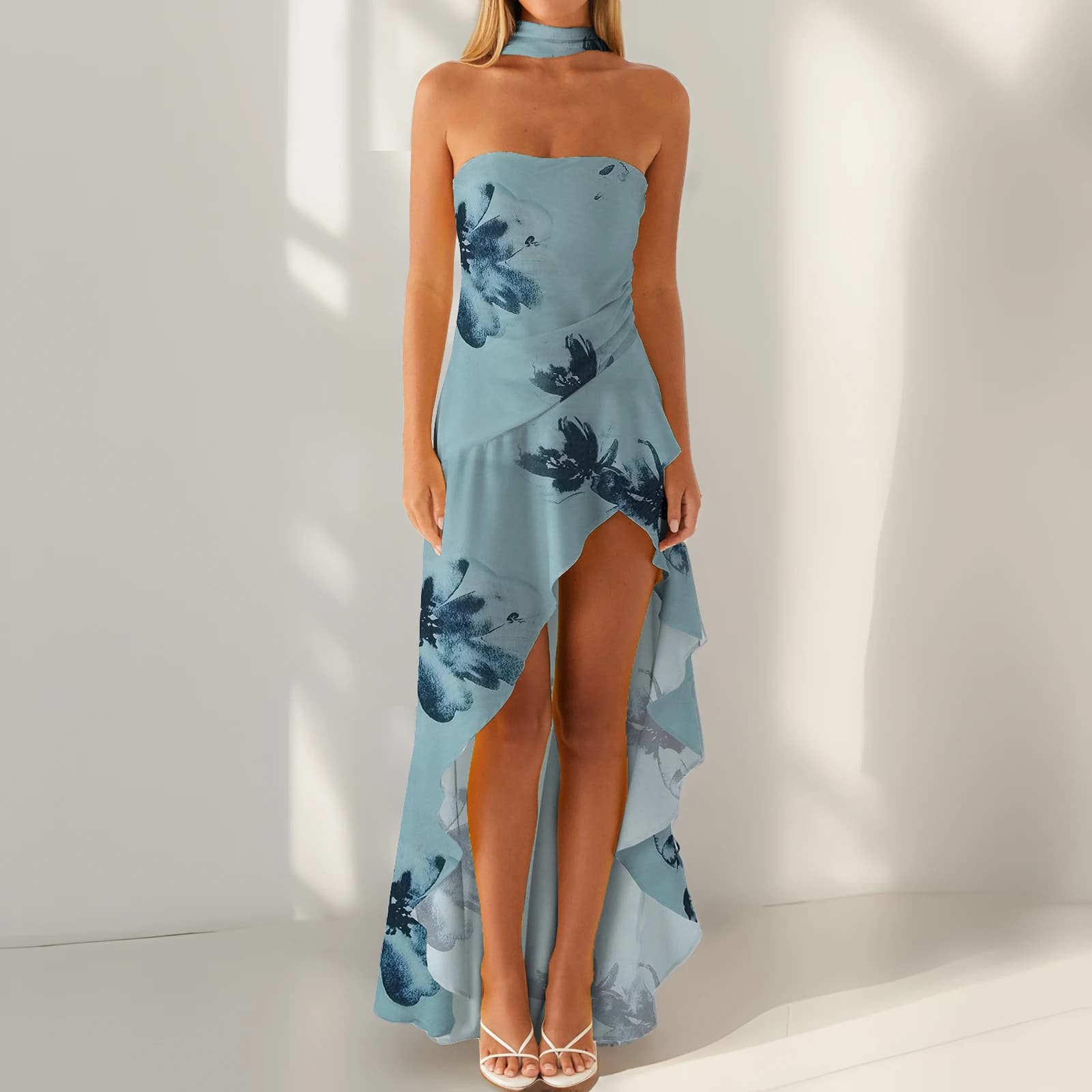 Abito tubino casual da donna di nuova moda Abito estivo con volant alto basso con stampa floreale tinta unita con sciarpa per cocktail streetwear