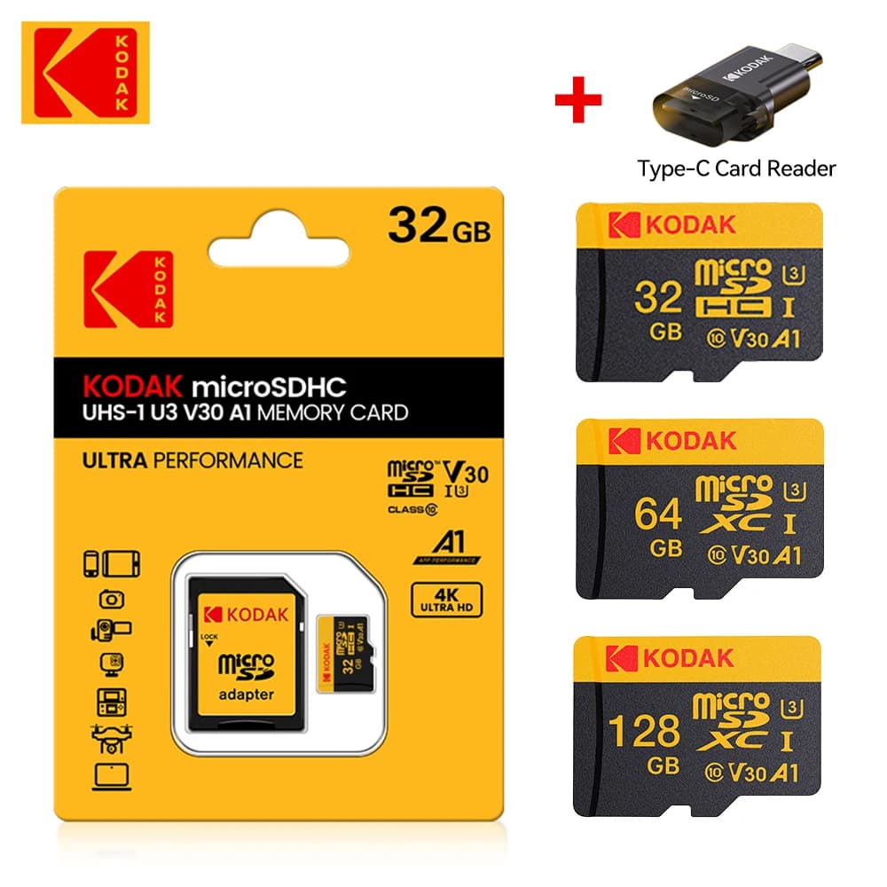 Scheda di memoria Micro SD originale Kodak 128 GB 100 MB/S 64 GB 32 GB Scheda Micro SD Classe 10 UHS-1 Flash Microsd TF + Lettore di schede di tipo C