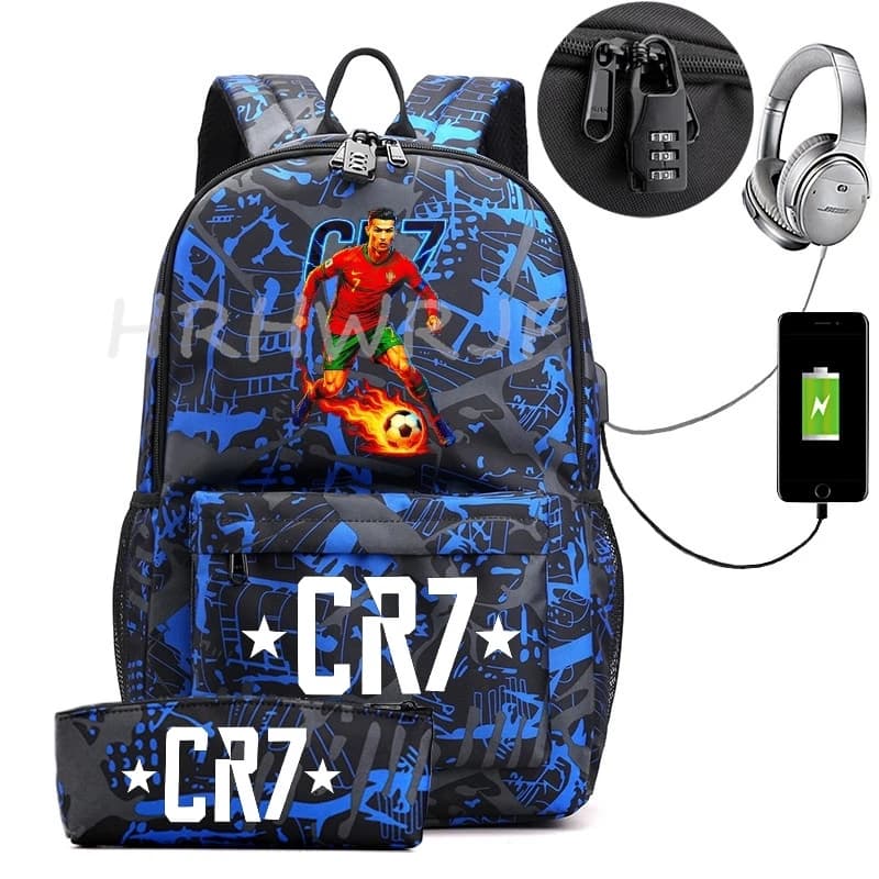 Sports CR7 USB Backpack Women Men An-ti Lock Travel Casual Backpacks Teens Laptop Capacity School Bags With Pencil Case 2pcs