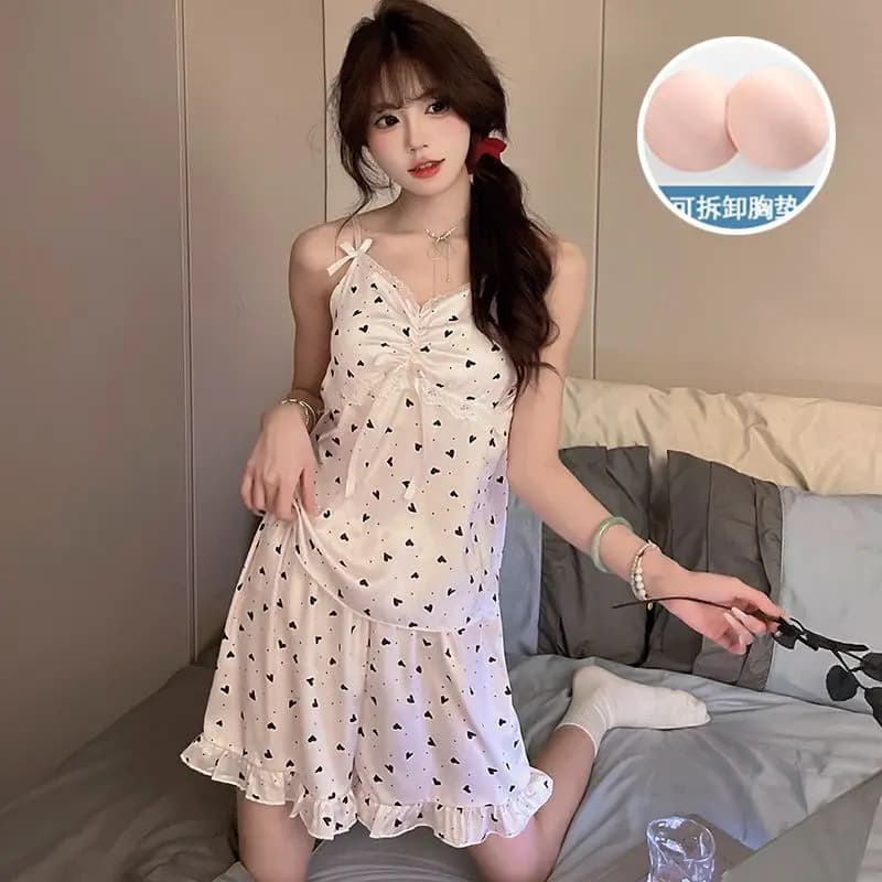 Nightwear without smooth sleeves in ice silk with padding on the chest Women's summer pajamas set with sweet volant Set of tops and cute Korean shorts