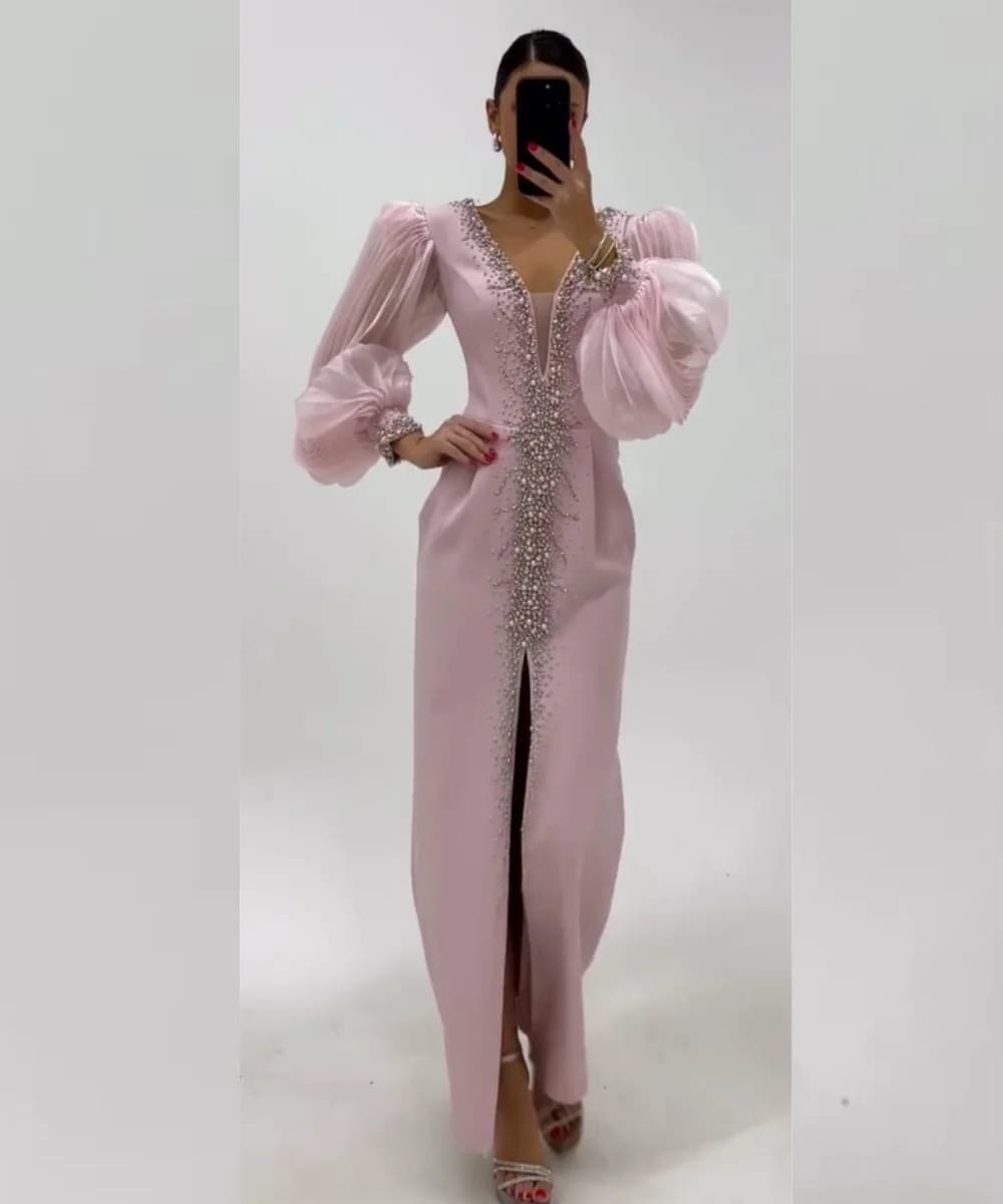 Abiti da Cerimonia Personalizzati Eleganti in Jersey Plissettato con Paillettes, Scollo a V Lungo, su Misura, per Occasioni Speciali e Homecoming - Moda