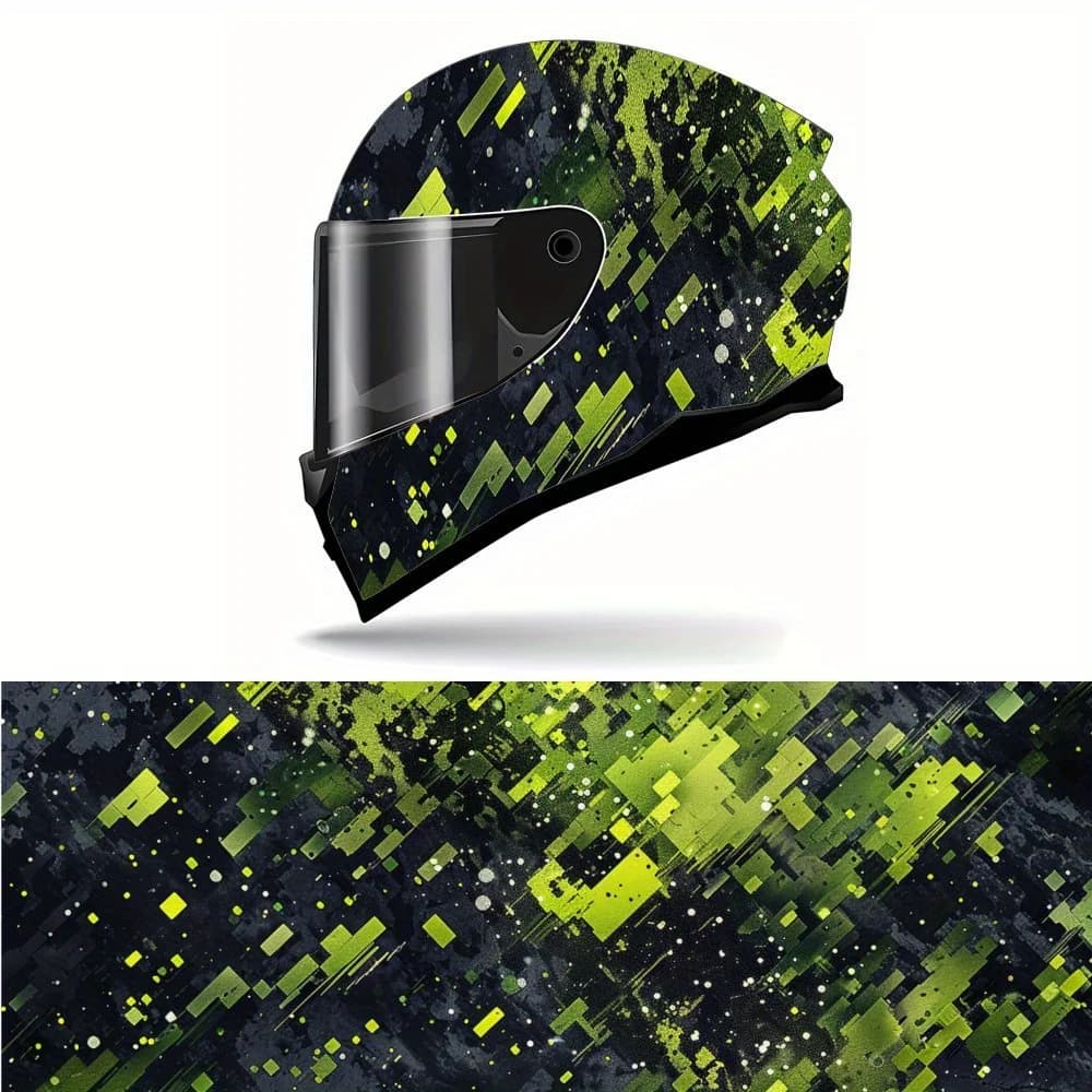 Vinyl wrap for helmet with abstract green and black art, waterproof removable decals for motorcycle helmets, universal scratch-resistant