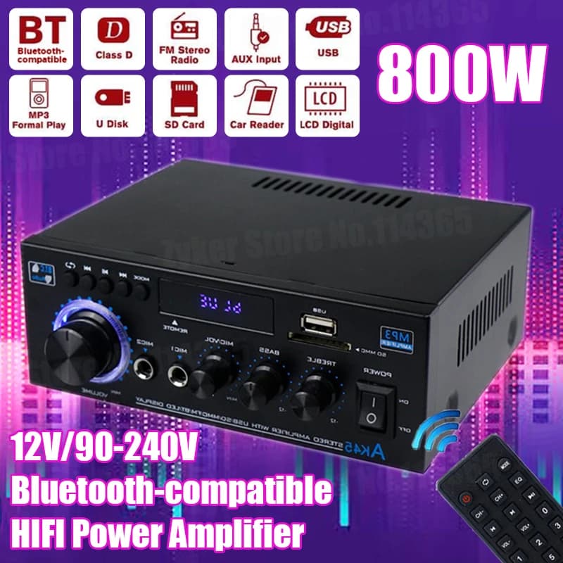 AK45/AK35 800W Amplificatore di potenza domestico 2 canali Bluetooth 5.0 Mini Hifi Amplificatore audio stereo digitale Supporto FM USB SD Ingresso microfono