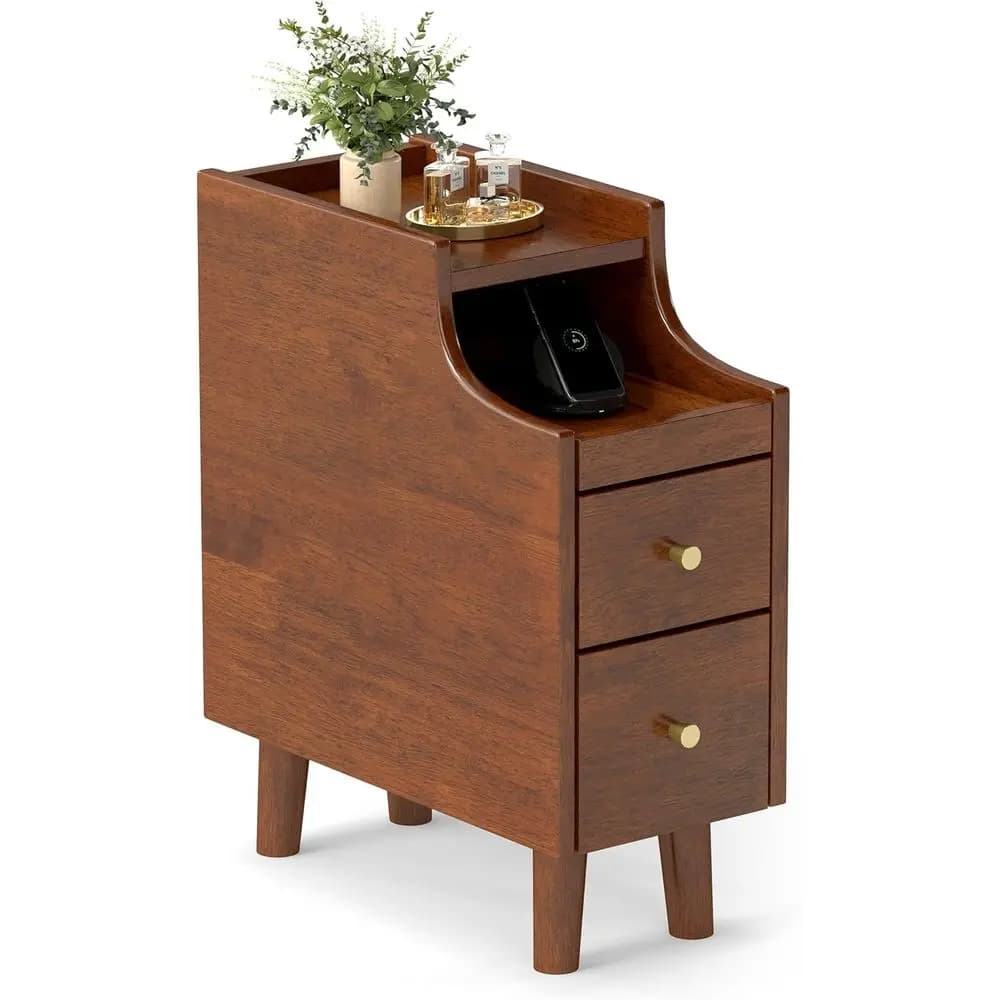 Comodino Compatto in Legno con Vassoio Estraibile e Cassetti Portaoggetti, Ideale per Piccoli Spazi e Gestione dei Cavi, Colore Marrone per Camera da Letto