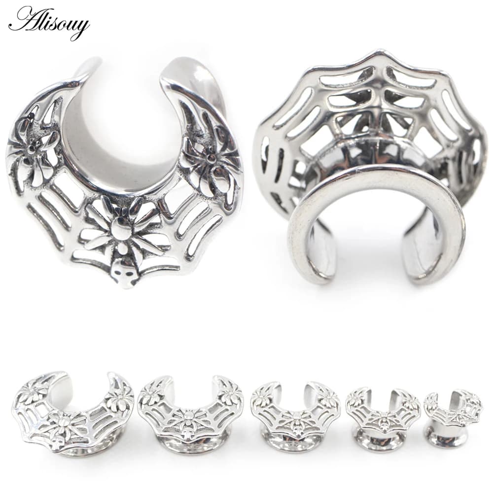 2PCS Stainless Steel Spider Web Skull C-Pattern Ear Tunnel Plug Saddle Expander Stretcher Gauges Earrings Piercing Body Jewelry