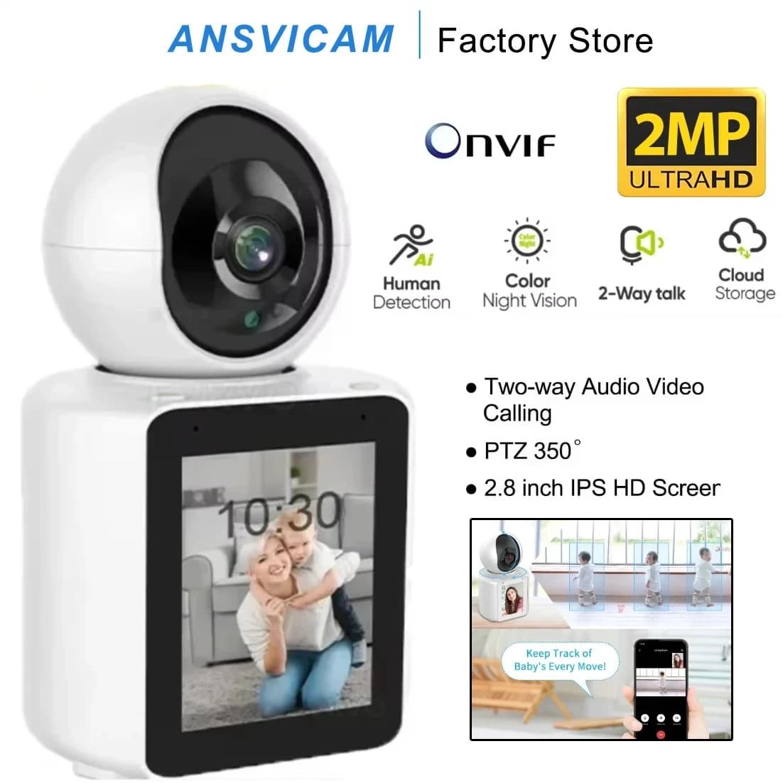 Baby Monitor con Telecamera WIFI 2MP 1080P, Chiamata Video Bidirezionale, Rilevamento AI di Movimento e Pianto, PTZ 350° ° Casa Sicura con AI