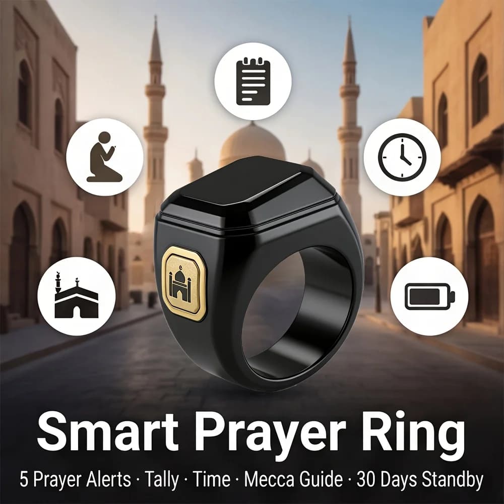 Ring Smart Prayer Ring with Prayer Reminder, Tasbih Counter, Time Display Kaaba Guidance, Features Vibration Aler for Muslims