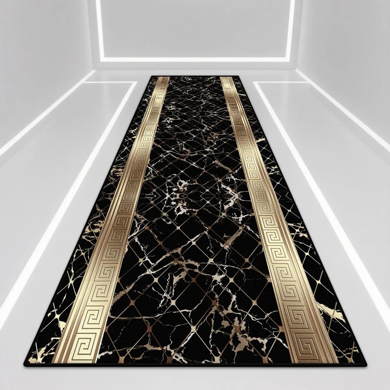 Tappeto Runner di Lusso in Marmo Nero e Oro, Tappeto Lungo Geometrico con Motivo a Chiave Greca per Corridoio e Ingresso, Antiscivolo e Lavabile