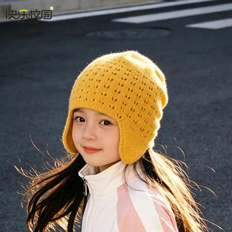 Children's High-Quality Pure Cashmere Ear Cap Winter Outdoor Warm Knitted Beanie Fashion Hollow Pullover Hat For Boys and Girls