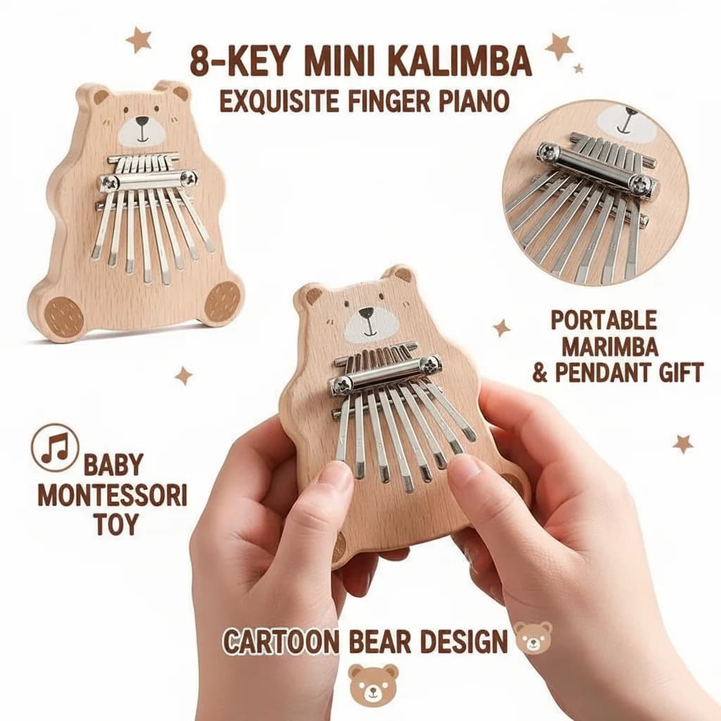 Mini Kalimba a 8 Tasti, Pianoforte Portatile a Pollice, Strumento Musicale a Forma di Orso, Giocattolo Montessori per Bambini
