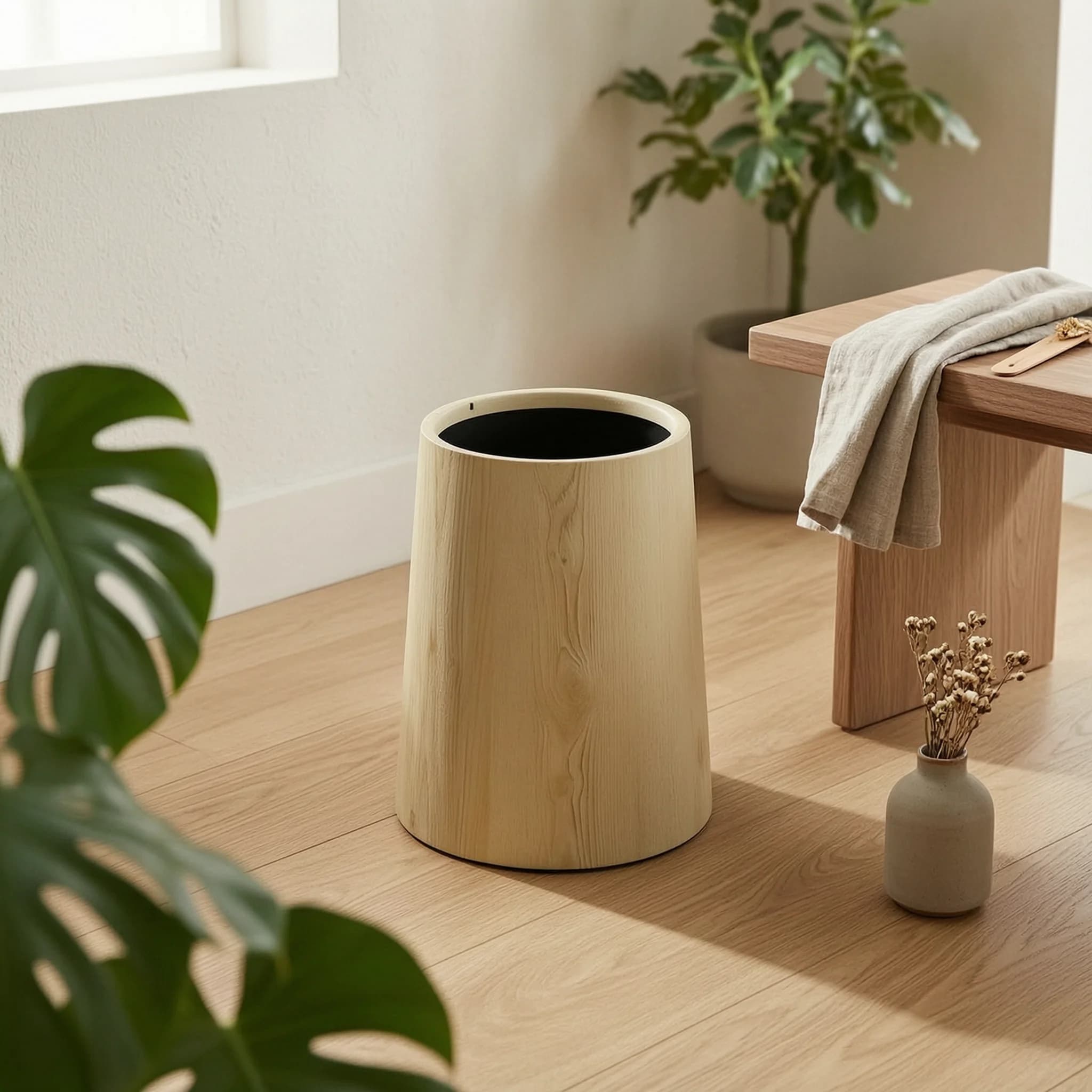 Wood Grain Trash Can Retro Design Wood Look Waste Bin Large Trash Bin Sturdy PP Round Wastebasket for Hotel Guests, Commercial