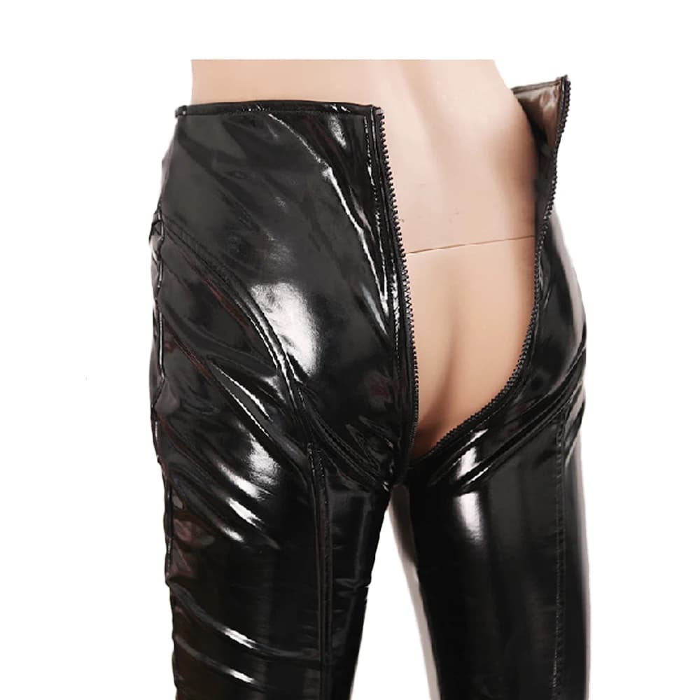 Pantaloni sexy da donna in PVC e lattice a vita alta, attillati, a tubino, con cerniera e cavallo aperto, in PU lucido effetto bagnato, stile punk, leggings scavati, taglie forti