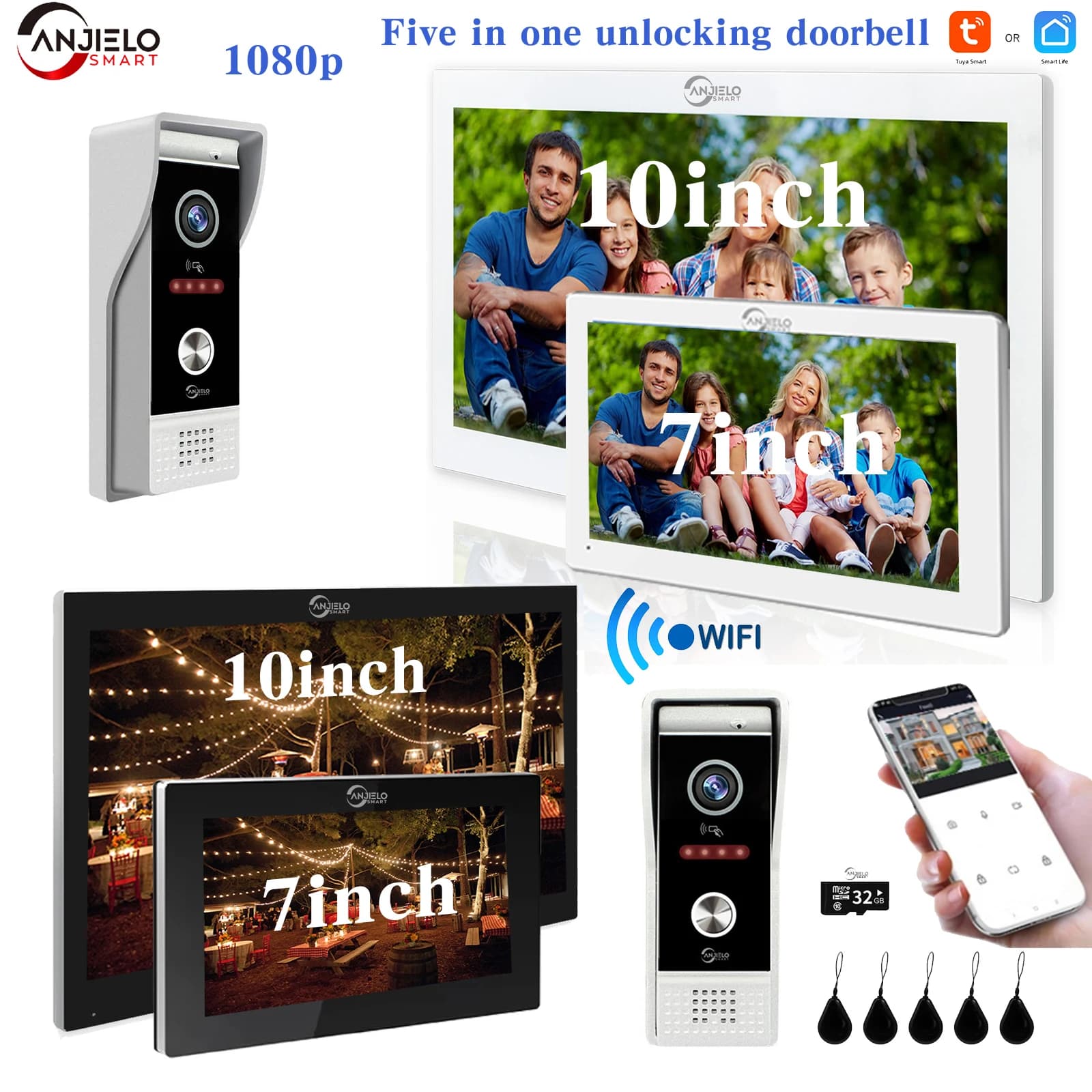 Tuya 1080P 7/10 pollici Touch Screen Wifi Video campanello sistema intercome casa 32GCard Kit Rceord rilevamento del movimento videocitofono