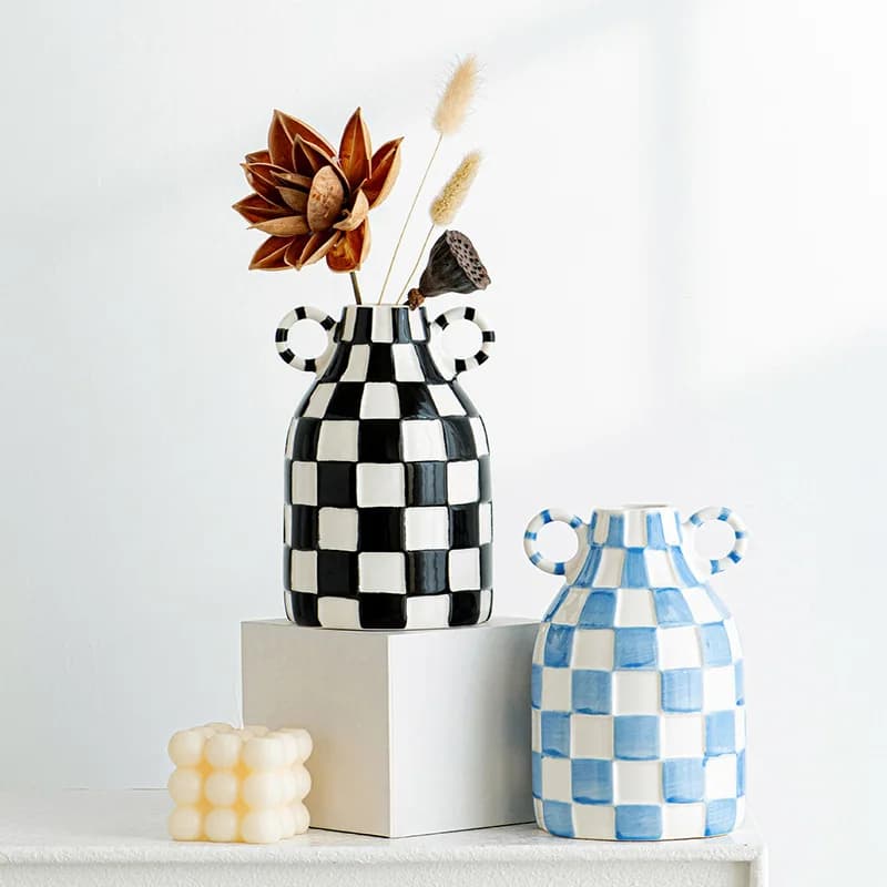 Modern Chessboard Plaid Binaural Ceramic Vase Art Home Living Room Dried Flowers Flower Arrangement Ornaments Ceramic Crafts