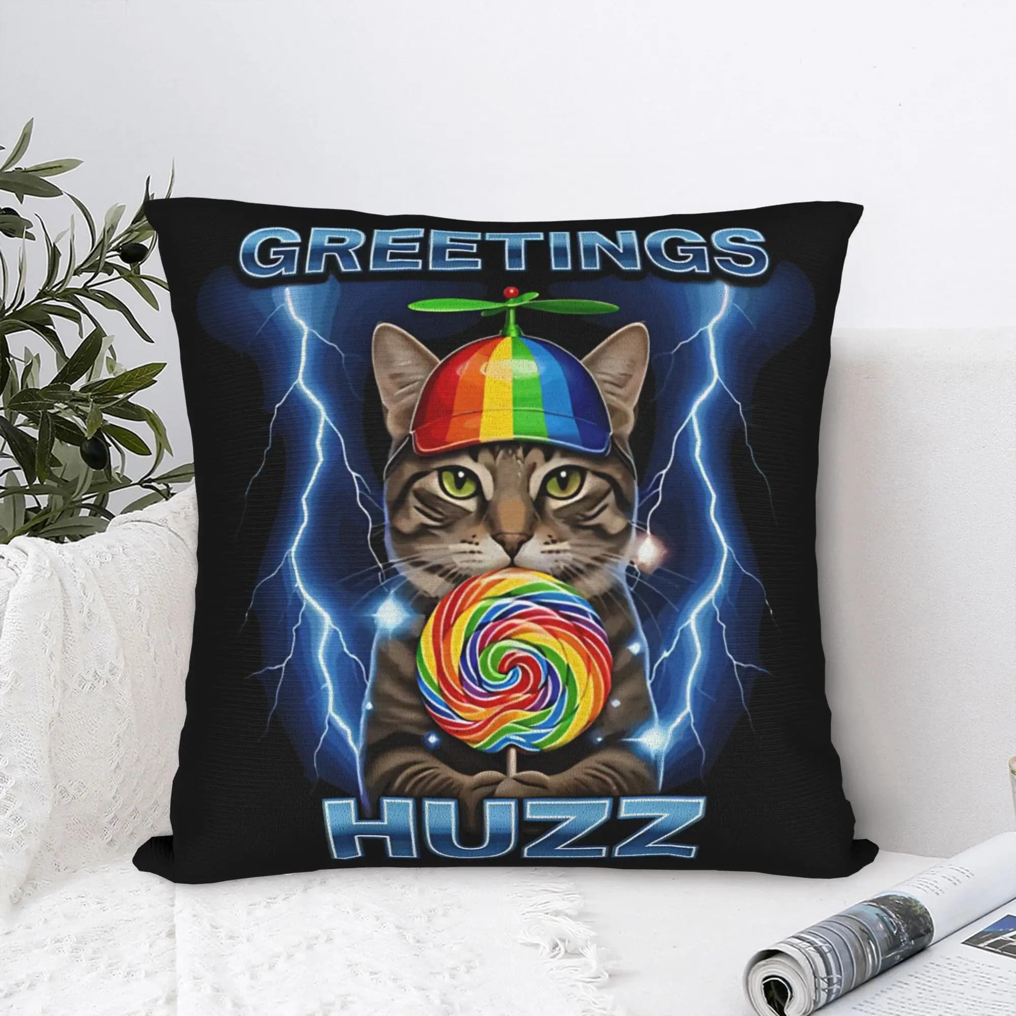 Lollipop Cat Meme Greetings Huzz Funny Silly Cats Pillow Cover Cushion Cover Retro Trendy Pillow Case For Chair Sofa Home Decor