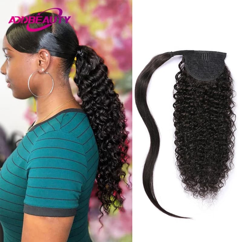 Extension Coda di Cavallo Ricci in Capelli Umani con Laccetto, 100% Capelli Brasiliani, Coda di Cavallo Avvolgente con Pettine e Clip, Ricci Crespi