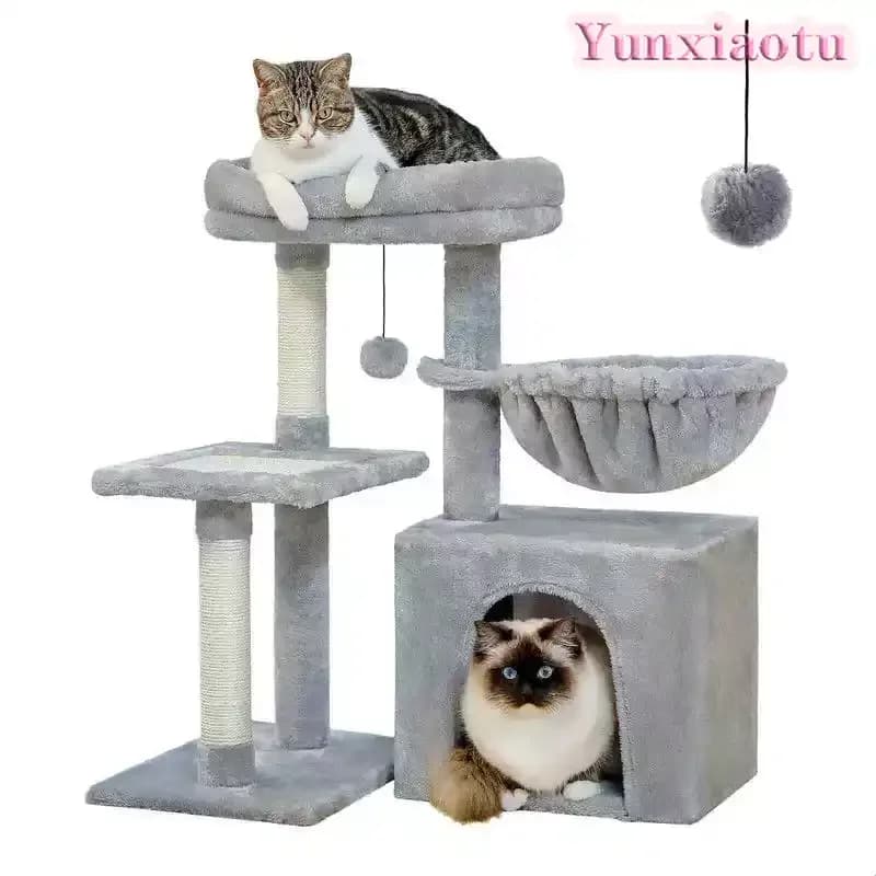 Grey Cat Tree Tower for Indoor Cats with Scratching Posts Big Hammock And Removable Top Perch 2 Styles Cat Activity Center