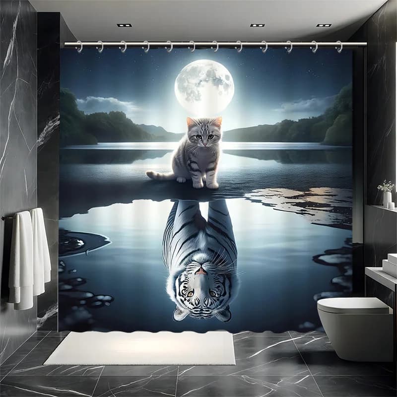 Set tenda da doccia tigre bianca - Aspetto simbolico silenzioso, design a cuore forte, poliestere, 12 ganci, arredamento bagno moderno