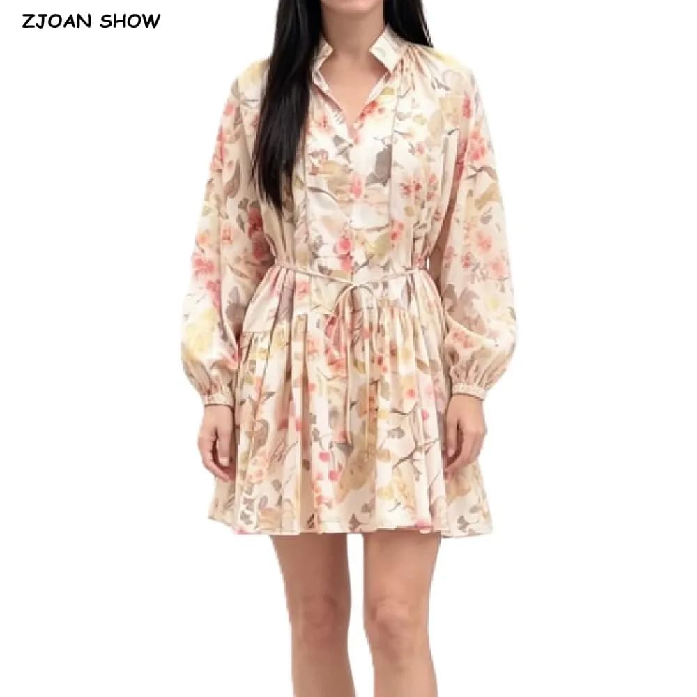 Abito Mini BOHO con Bottoni Frontali, Collo a V, Stampa Floreale, Maniche Lunghe, Lacci e Cintura, Vestito da Donna per Vacanze