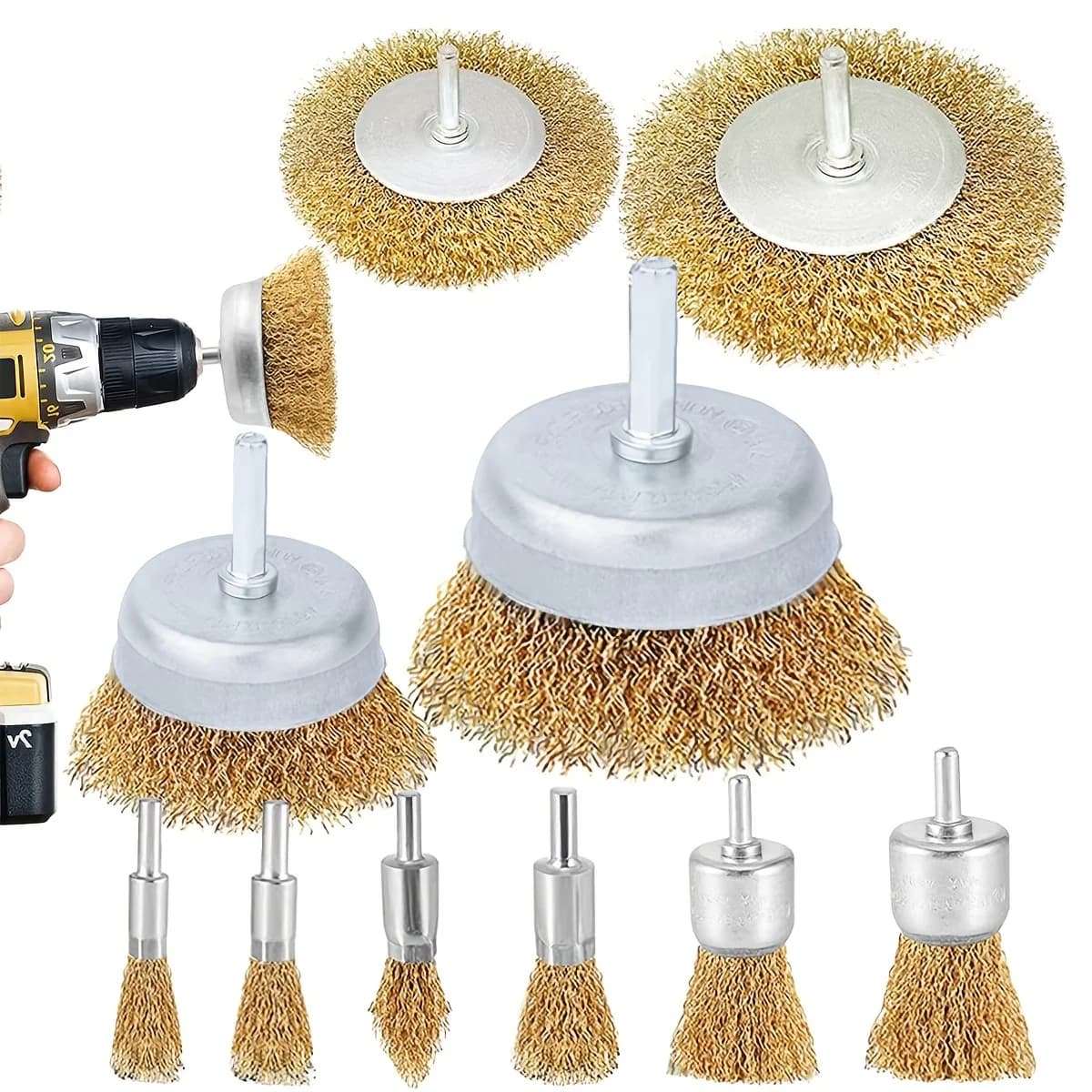 Set of mug brushes with metal brush wheel, 10-wheeled metal pack with 1/4 inch corrugated coarse for drill attachment