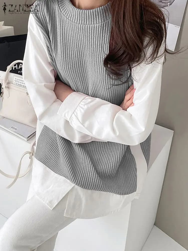 ZANZEA felpe a maniche lunghe moda coreana Casual Patchwork donna Pullover lavorato a maglia top autunno 2024 t-shirt finte a due pezzi