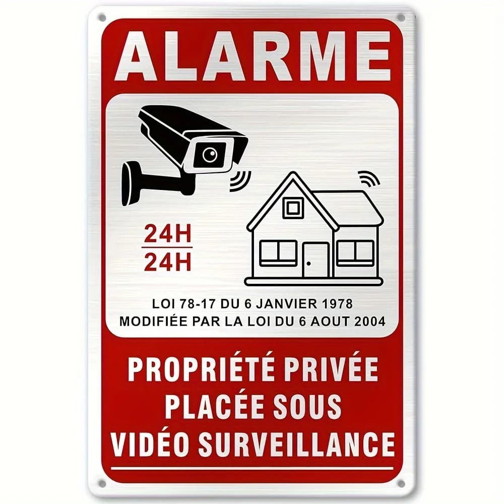 Cartello di Sicurezza Vintage Francese in Metallo - Avviso Videosorveglianza 24/7 con Design Telecamera, Montaggio a Parete, Rosso e Bianco, per Casa
