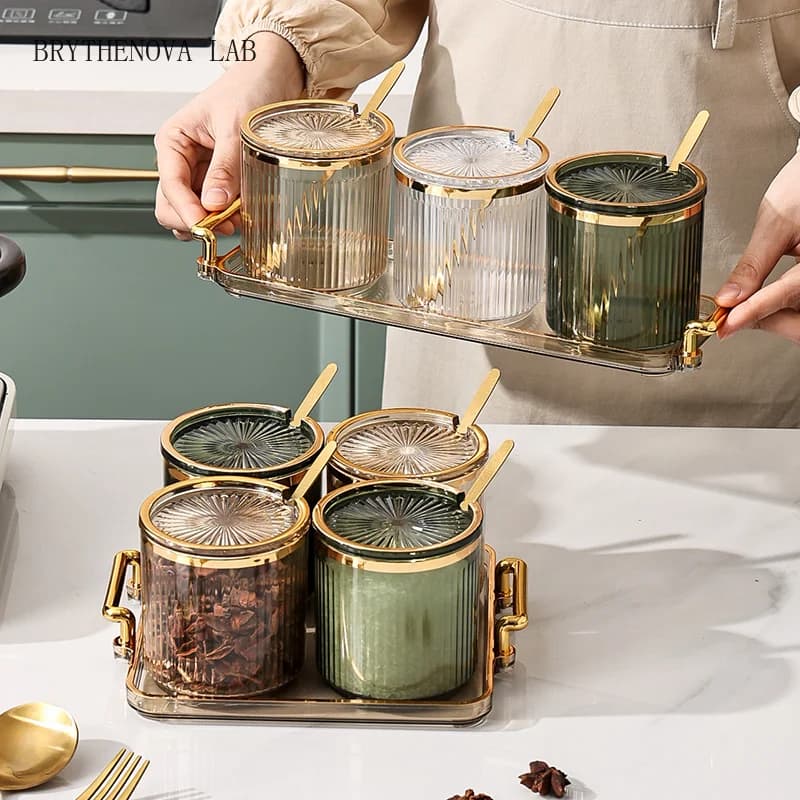 Creative Striped Seasoning Jar Set Soy Sauce Vinegar Pepper Bottle Storage Acrylic Gold-plated Salt Sugar Jar Kitchen Supplies