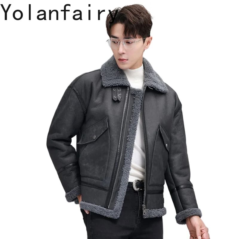 YOLANFAIRY Cappotto in Vera Pelle di Pecora per Uomo, Giacca in Vera Pelle, Calda Giacca Invernale in Vera Pelliccia d'Agnello, Cappotti e Giacche, Abbigliamento Esterno