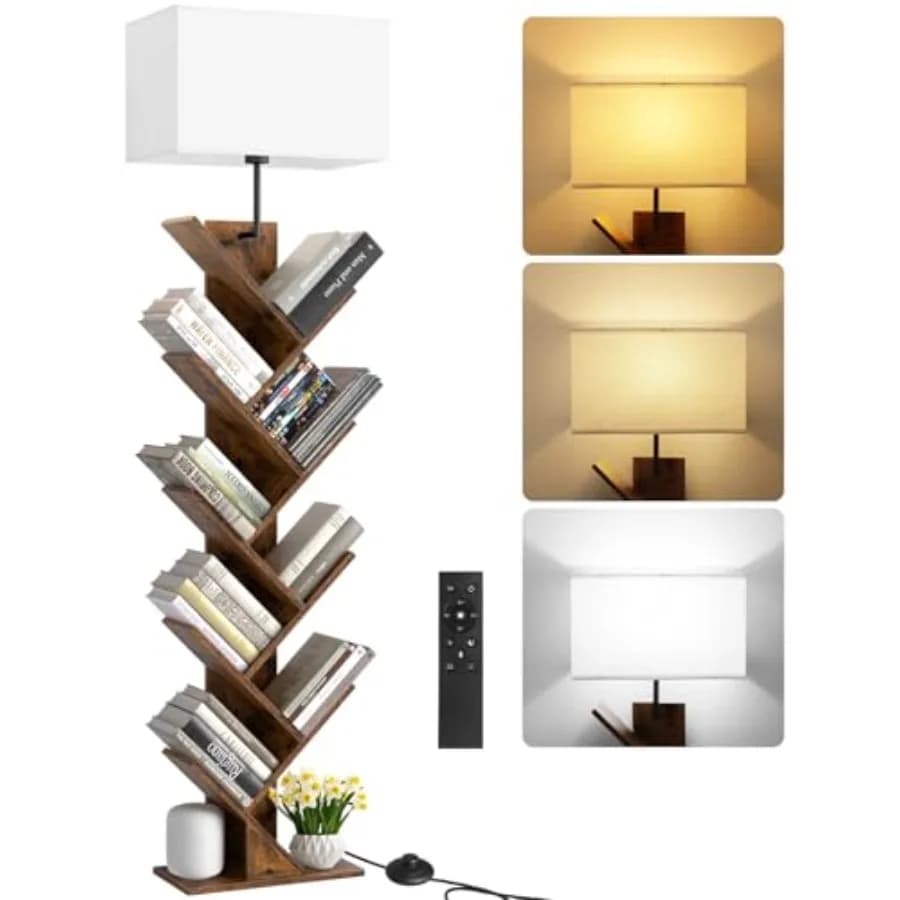 Libreria a forma di albero con luce, telecomando e timer, libreria moderna alta da terra, libreria stretta in legno, piccolo organizer per libri