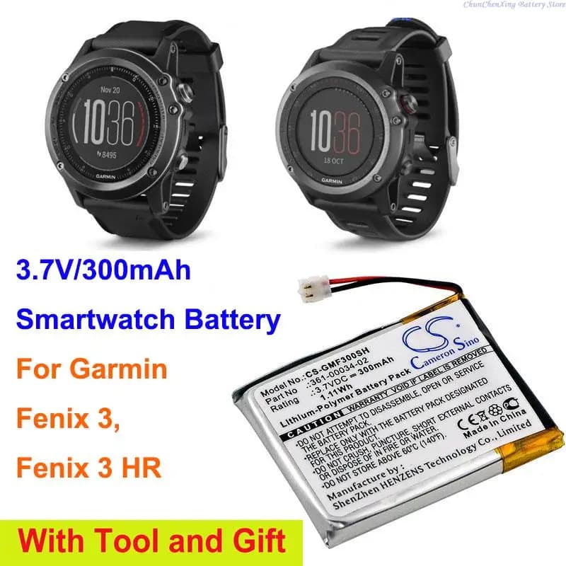 Cameron Sino 3.7V 300mAh batteria Smartwatch 361-00034-02 per Garmin Fenix 3, Fenix 3 HR + KIT di attrezzi