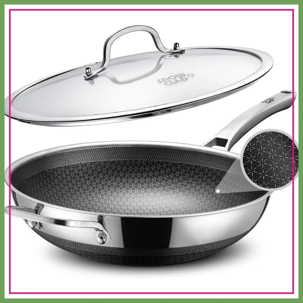 Wok Ibrido Antiaderente da 13 Pollici, Padella in Acciaio Inox con Coperchio, Lavabile in Lavastoviglie e Adatto al Forno, Senza PFOA