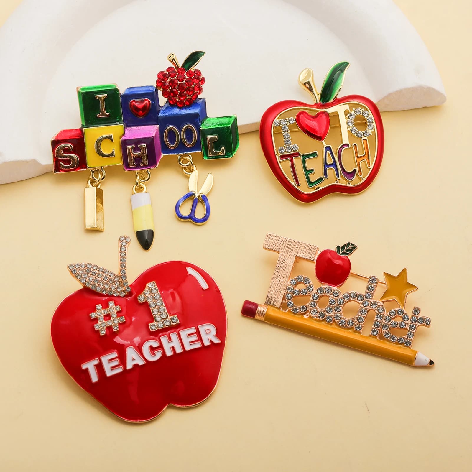 Teacher Appreciation Brooch Set Rhinestone Enamel Apple Pencil School Brooches Fashion Jewelry Gift for Teachers
