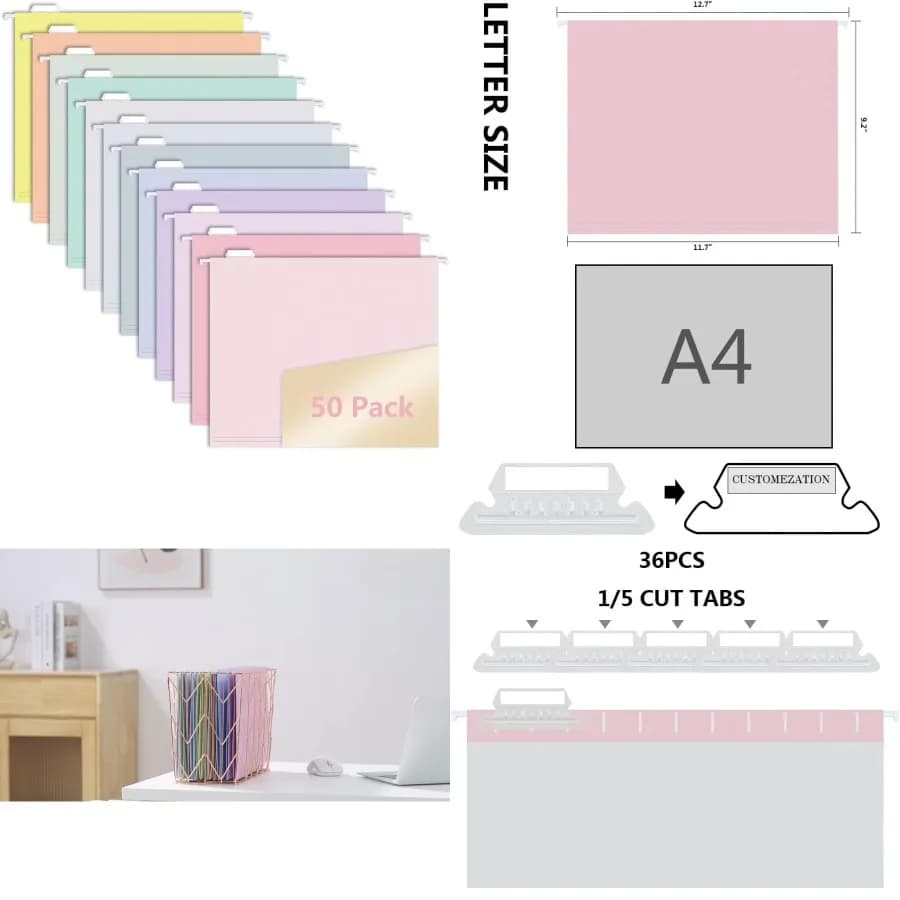 50 cartelle di file sospese MagDurnus, design a colori pastello, dimensioni lettera con linguette tagliate regolabili 1/5, assortite, 12 stili, ideali per