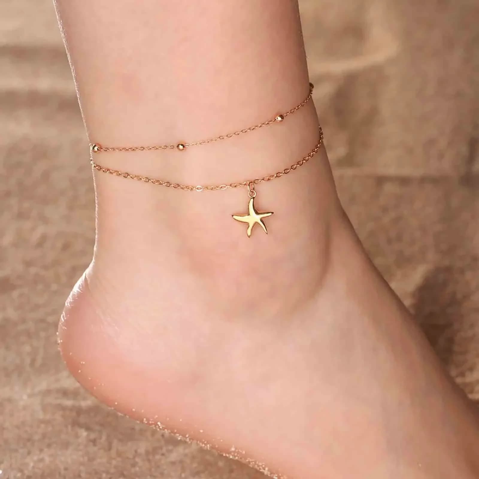Skyrim Starfish Charm Anklet Stainless Steel Women's Double Layer Beads Chain Leg Bracelets Bohemian Beach Foot Jewelry Gift