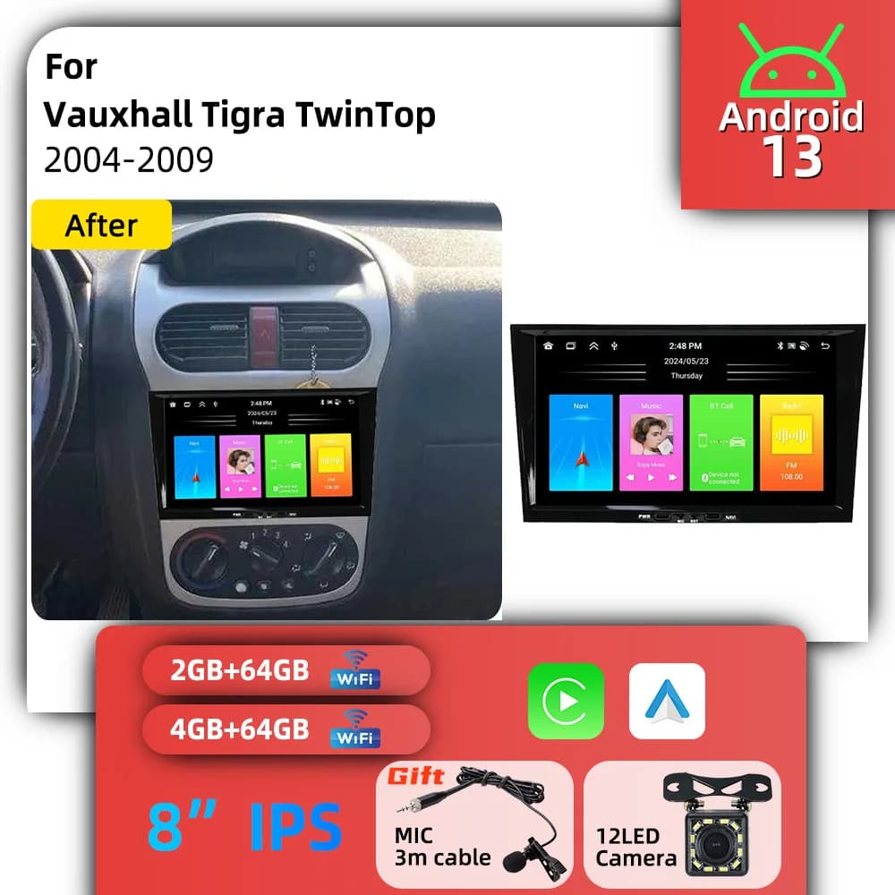Autoradio 2 Din For Vauxhall Tigra TwinTop 2004-2009 Carplay Android Radio GPS WIFI Auto Car Multimedia 8" Screen Stereo