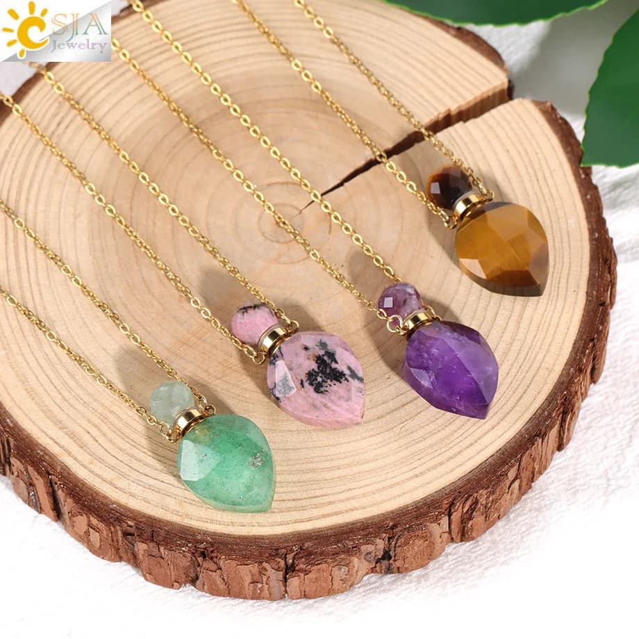 Vintage Heart Shaped Perfume Bottle Crystal Necklace Natural Stone Bottle Pendant Stainless Steel Chain Valentine's Gift H539