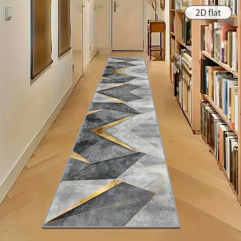 VIKAMA Luxury Geometric Runner Rug Washable Non Slip Grey Gold Hallway Kitchen Bedroom Floor Carpet Mat Home Decor